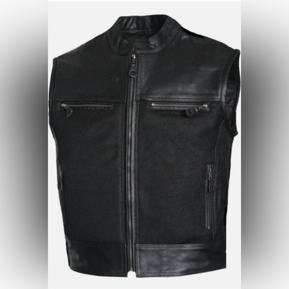 Mens Perforated Leather and Mesh Biker Style Motorcycle Vest Concealed Carry